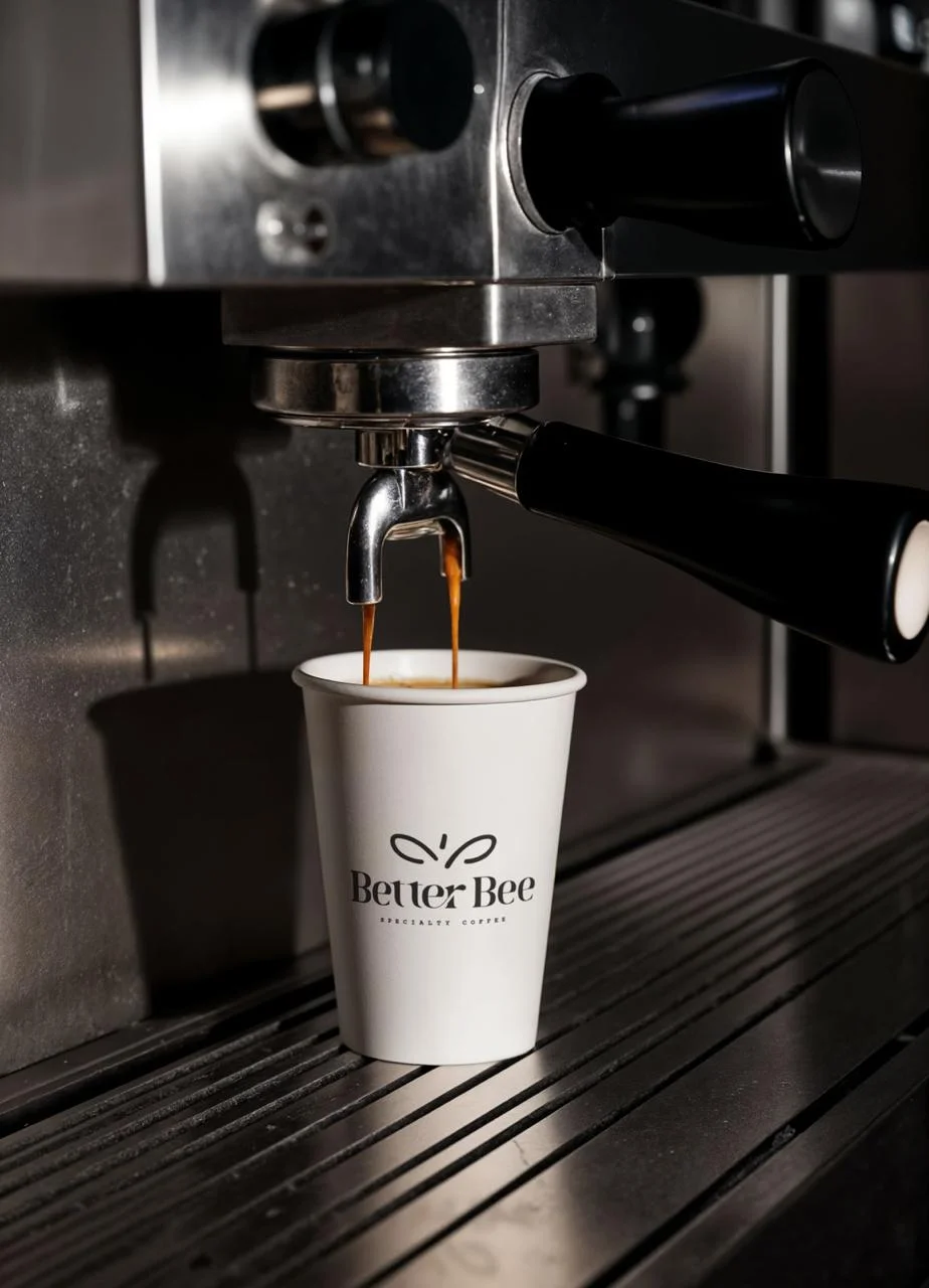 Espresso pouring into branded cup