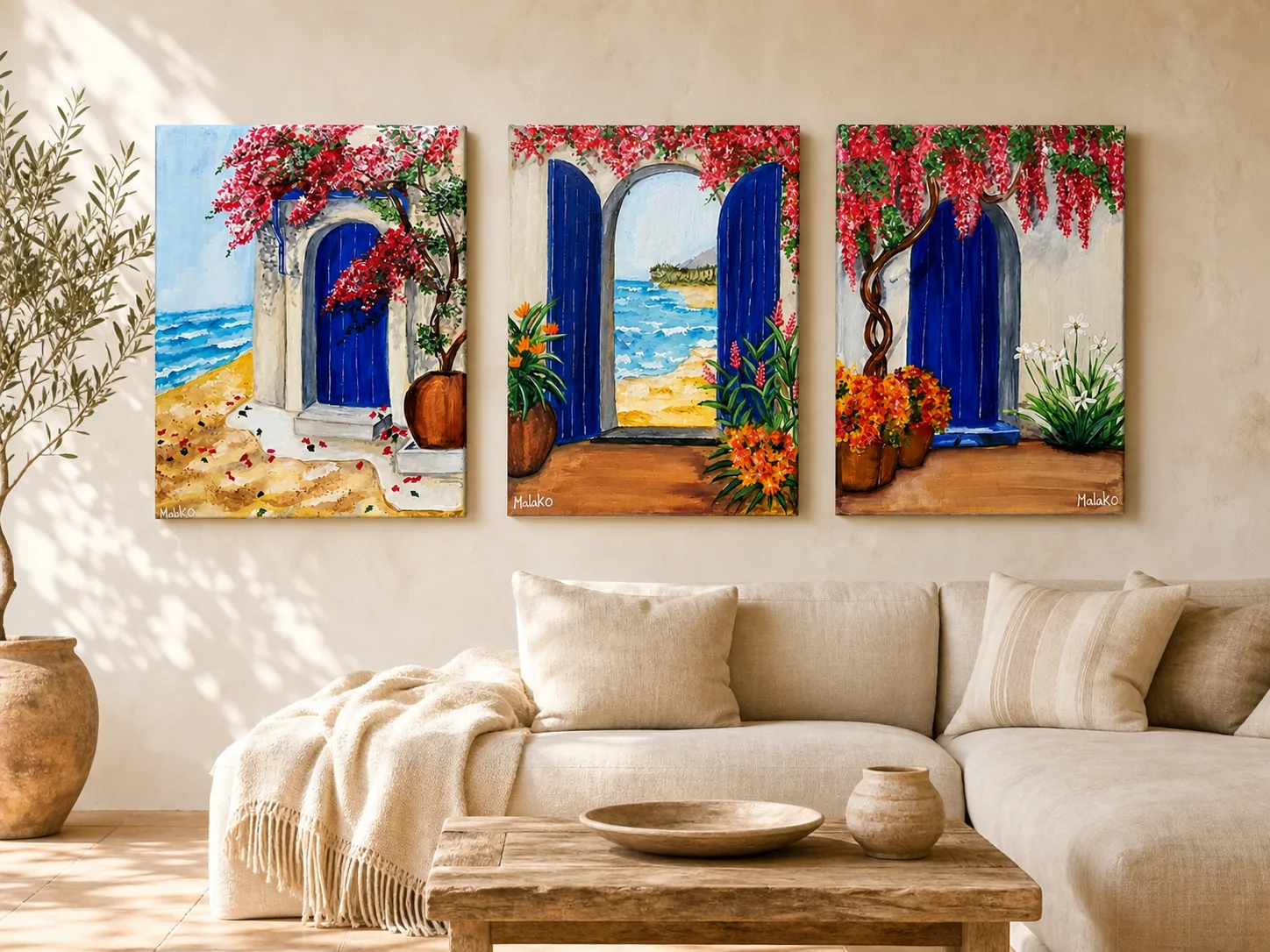 Three Blue Doors, Acrylic on canvas, triptych